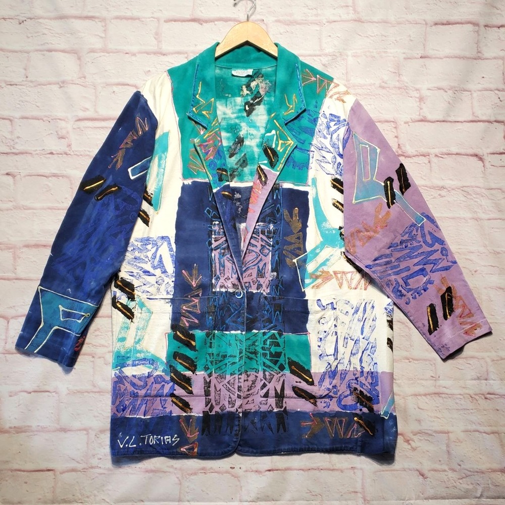VTG V.C.‎ Torias Jacket Womens OS Green Blue Abstract Art Artist Coat 80s 90s